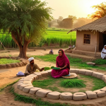 **Image Prompt:** "A serene Pakistani village scene at sunset. Golden light illuminates mud-brick houses. Villagers gather in a circle, sharing stories. In the foreground, a woman spins yarn on a traditional Charkha. Lush green fields and fruit trees surround the village. Focus on the warmth of community and the simple beauty of rural life."