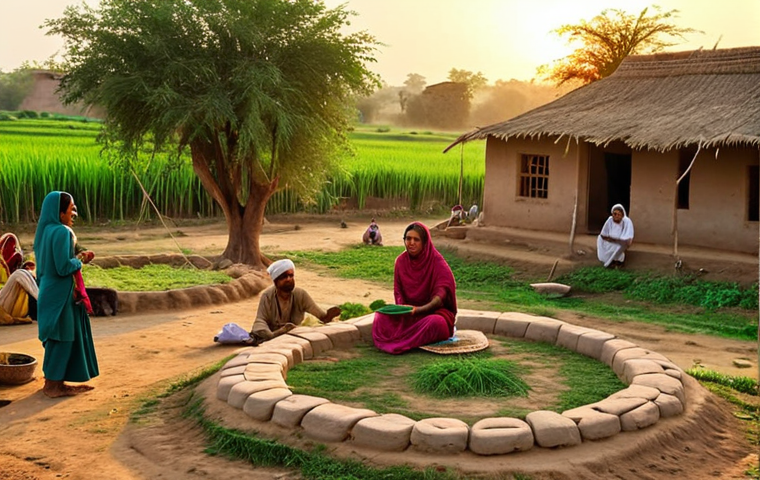 **Image Prompt:** "A serene Pakistani village scene at sunset. Golden light illuminates mud-brick houses. Villagers gather in a circle, sharing stories. In the foreground, a woman spins yarn on a traditional Charkha. Lush green fields and fruit trees surround the village. Focus on the warmth of community and the simple beauty of rural life."