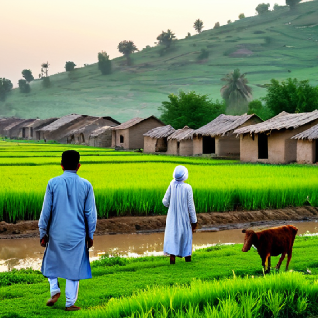 Rural Village Scene**
"A serene Pakistani village at dawn, lush green fields stretching towards the horizon, traditional mud houses with colourful decorations, villagers in modest shalwar kameez engaging in daily activities like farming and tending livestock, safe for work, perfect anatomy, natural proportions, professional photography, high quality, appropriate attire, fully clothed, family-friendly."
**