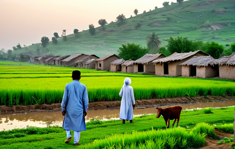 Rural Village Scene**
"A serene Pakistani village at dawn, lush green fields stretching towards the horizon, traditional mud houses with colourful decorations, villagers in modest shalwar kameez engaging in daily activities like farming and tending livestock, safe for work, perfect anatomy, natural proportions, professional photography, high quality, appropriate attire, fully clothed, family-friendly."
**