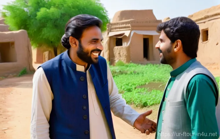 농촌관광지도사로서의 커뮤니케이션 스킬 - **A Heartfelt Connection:** A warm and charismatic local Pakistani guide, dressed in a traditional s...